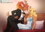 anthro bed bedroom blonde_hair blue_eyes blush clothing duo ear_piercing female furniture hair horn intersex intersex/female multicolored_hair necktie orange_eyes orange_hair piercing suit the_dark_mangaka deltarune undertale_(series) christine_maria_(cowgomoo) noelle_holiday deer mammal new_world_deer reindeer