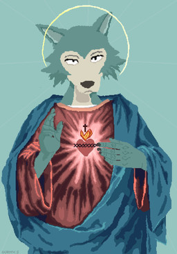 anthro clothing male religion solo gurmy beastars jesus_christ legoshi_(beastars) canid canine canis mammal wolf absurd_res digital_media_(artwork) hi_res pixel_(artwork)