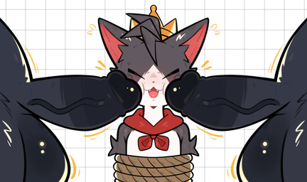 anthro anthro_focus arm_tuft arms_tied balls biped black_body black_fur bound checkered checkered_background countershading crown eyes_closed fangs front_view fur fur_tuft genitals glans grey_body grey_fur group head_tuft headgear humanoid_genitalia humanoid_penis imminent_sex kerchief kerchief_only male male/male male_anthro male_focus male_on_anthro monotone_body monotone_fur mostly_nude mostly_offscreen_anthro mostly_offscreen_character mostly_offscreen_male multicolored_body multicolored_fur neckerchief neckerchief_only neckwear nude nude_anthro nude_male open_mouth pattern_background penis penis_against_cheek simple_background slim slim_anthro slim_male solo_focus teeth trio tuft two_tone_body two_tone_fur vein veiny_penis white_body white_countershading white_fur candyonbear69 final_fantasy final_fantasy_vii square_enix cait_sith_(ff7) domestic_cat felid feline felis mammal 2026 absurd_res cel_shading digital_drawing_(artwork) digital_media_(artwork) hi_res shaded