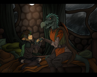 anthro black_bars blue_eyes brown_hair clothed clothing duo eye_contact female female_humanoid hair hand_holding inside looking_at_another male male_anthro mouth_closed open_mouth raining red_sclera sitting teeth kodaac the_dark_crystal gelfling humanoid skeksis letterbox