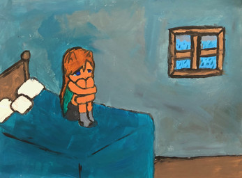 bangs bed blue_eyes bodily_fluids brown_hair clothed clothing crying detailed_background female fully_clothed furniture hair painting_(object) pointy_ears prick_ears sitting solo tears dreamscreep animal_humanoid cat_humanoid felid felid_humanoid feline feline_humanoid humanoid mammal mammal_humanoid absurd_res acrylic_painting_(artwork) full-length_portrait hi_res painting_(artwork) portrait traditional_media_(artwork) traditional_painting_(artwork)