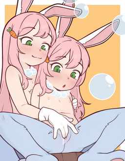 age_regression animal_legs belly blue_body blue_fur blush breasts bubble carrot clothing duo female female/female flat_chested food fur genitals gloves green_eyes hair handwear loli multicolored_body multicolored_fur navel nipples nude pawpads paws pink_hair plant rabbit_ears selfcest simple_background small_breasts smile square_crossover vegetable vulva white_body white_fur young young_female casytay usawa_fuwakaru animal_humanoid humanoid lagomorph lagomorph_humanoid leporid leporid_humanoid mammal mammal_humanoid rabbit_humanoid digital_media_(artwork) hi_res