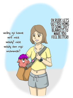 ambiguous_feral ambiguous_gender baby_talk black_eyes bottomwear brown_bag brown_eyes brown_hair clock clothed clothed_human clothing crop_top dialogue duo eyelashes female female_human feral fur grey_bottomwear grey_clothing grey_shorts hair light_body light_skin looking_up_at_another midriff navel open_mouth purple_hair red_body red_fur shirt shorts shoulder_bag simple_background standing text topwear watch yellow_clothing yellow_crop_top yellow_shirt yellow_topwear young young_ambiguous young_feral carpdime fluffy_pony becky_(carpdime) ruby_(carpdime) fluffy_pony_(species) human mammal digital_media_(artwork) english_text shaded story story_in_description