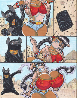 anthro belt big_breasts black_hair bottomwear breast_expansion breasts broken_cellphone broken_device brown_body brown_eyes brown_fur building cellphone clothed clothing crop_top duo electronics expansion female footwear fur gloves hair handwear huge_breasts magic navel nipple_outline phone pyramid shirt shorts tan_body tan_fur teeth thick_thighs topwear virus-20 june_coyote anubian_jackal canid canine canis coyote jackal mammal 2016 comic traditional_media_(artwork)
