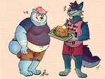 4:3 anthro bear belly belly_overhang big_butt blue_body blue_fur blush butt butter canid canine canis clothed clothing dairy_products duo food fur hair hi_res male mammal mutual_weight_gain obese obese_anthro obese_male overweight overweight_anthro overweight_male pancake pink_hair pulling_up_bottomwear purple_hair raccoonkind series_(disambiguation) small_clothing syrup toza weight_gain wolf yukon