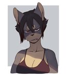 angry anthro black_hair breasts brown_body brown_fur cleavage clothed clothing female frown fur grey_body grey_fur hair looking_at_viewer multicolored_body multicolored_fur red_eyes scowl short_hair solo teeth two_tone_body two_tone_fur erudier gum_dung_(titania) canid canine canis domestic_dog korean_jindo mammal spitz