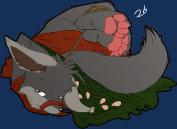 ambiguous_gender anthro bdsm blue_eyes bondage bound clothing feet fur hands_behind_back looking_at_viewer lying muzzle_(object) muzzled pawpads paws restraints rope rope_bondage simple_background solo tail toes transparent_background stormdragonblue canid canine canis mammal wolf alpha_channel digital_media_(artwork) hi_res