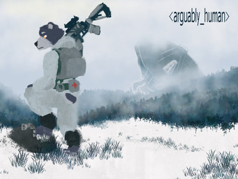 anthro assault_rifle backpack clothed clothing day detailed_background fog forest fully_clothed fur grass grey_body grey_fur gun mouth_closed orange_eyes outside plant ranged_weapon rear_view rifle rock satellite_dish scope sky snow solo text three-quarter_view tree weapon white_clothing arguablyhuman bear mammal 4:3 artist_name digital_media_(artwork) digital_painting_(artwork) english_text full-length_portrait hi_res painting_(artwork) portrait