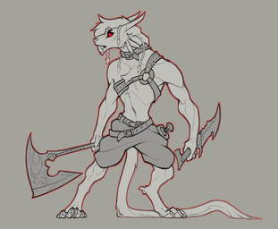 4_ears 4_horns anthro axe claws collar dagger dual_wielding_melee_weapons female holding_object holding_weapon horn looking_aside melee_weapon multi_ear multi_horn solo toe_claws weapon dem0npaws guild_wars charr felid mammal 2024 hi_res