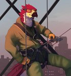 anthro beak city cityscape clothed clothing eyewear feathers gloves goggles goggles_on_face handwear jumpsuit male rope sky smile solo tail tail_feathers visor shouler_shurka kamaro accipitrid accipitriform avian bird buteo chickenhawk red-tailed_hawk hi_res