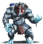 3_heads anthro armor bared_teeth barefoot big_muscles black_nose blue_claws blue_clothing blue_hat blue_headwear bottomwear chain claws clothing digitigrade feet fur glowing glowing_eyes grey_body grey_fur guard hat headgear headwear loincloth male mask mostly_nude multi_head muscular muscular_anthro muscular_male neck_tuft police police_officer roaring scarf simple_background small_head snarling solo teeth tuft yellow_eyes echin european_mythology greek_mythology mythology canid canid_demon canine canis cerberus demon hellhound mammal mythological_canine mythological_creature wolf 2020 absurd_res hi_res