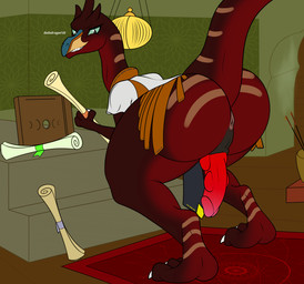 anthro anus butt carpet erection genitals green_eyes looking_at_viewer looking_back male mostly_nude nude penis presenting red_body scroll solo thick_thighs dododragon56 dinosaur prehistoric_species reptile scalie absurd_res flat_colors hi_res