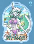 alcohol badge beach beverage bikini blue_body blue_eyes blue_fur blue_hawaii_(beverage) bulge cherry clothing cocktail detailed_background ear_piercing facial_markings food fruit fur green_eyes gynomorph hair head_markings ice intersex looking_at_viewer markings outside piercing plant sea seaside shell side-tie_bikini solo string_bikini summer swimwear tattoo tropical two-piece_swimsuit water white_body white_fur white_hair kacey artica_sparkle ambient_sealife ambient_starfish asterozoan echinoderm jogauni marine starfish 2018 traditional_media_(artwork) herm_(lore)