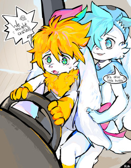 anthro blue_body blue_eyes blue_fur bow_ribbon cheek_tuft chest_tuft clothing cute_fangs dangerous dialogue driving duo facial_tuft fangs flower fur green_eyes hat headgear headwear male neck_tuft on_lap open_mouth panicked_look panicking pink_nose plant seat sitting_on_lap speech_bubble steering_wheel teeth tongue tuft white_body white_fur yellow_body yellow_fur basilbxun nintendo pokemon ashley_(shaymin) generation_4_pokemon legendary_pokemon pokemon_(species) shaymin sky_forme_shaymin absurd_res hi_res portrait three-quarter_portrait