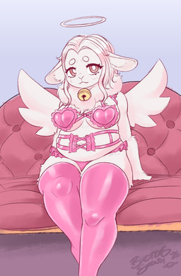 anthro bell big_breasts breasts clothed clothing feathered_wings feathers female fur hair halo heart_clothing heart_symbol legwear lingerie lingerie_only looking_at_viewer neck_tuft panties pupils simple_background slightly_chubby smile solo stockings text thigh_highs tuft underwear white_pupils wings blasticussaturn pofla_(miniilamb) angel bovid caprine mammal sheep 2026 absurd_res digital_media_(artwork) english_text hi_res signature