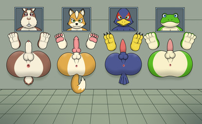 3_toes 4_toes animal_genitalia anthro anus balls barefoot blue_body brown_body brown_fur canine_genitalia claws countershade_feet countershading erection feathers feet fur genitals glory_hole glory_wall green_body group male male_focus nude orange_body orange_fur pawpads penis presenting presenting_anus tail tail_feathers take_your_pick through_wall toe_claws toes reggie_rakun nintendo star_fox falco_lombardi fox_mccloud peppy_hare slippy_toad amphibian avian bird canid canine fox frog lagomorph leporid mammal rabbit 2026 absurd_res hi_res shaded soft_shading