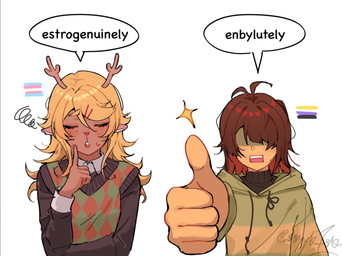 ambiguous_gender ambiguous_human anthro antlers bangs black_clothing black_sleeves black_sweater black_topwear blonde_hair blush brown_body brown_fur brown_hair cartoon_freckles checkered checkered_clothing checkered_sweater checkered_topwear clothing dialogue duo eyelashes eyes_closed female freckled_face freckles fur gesture green_clothing green_jacket green_sweater green_sweatshirt green_topwear hair hand_gesture horn humanoid_hands humor jacket lgbt_pride long_bangs long_hair looking_at_viewer messy_hair multicolored_clothing multicolored_sweater multicolored_sweatshirt multicolored_topwear nonbinary_pride_colors obscured_eyes open_mouth pattern_clothing pattern_shirt pattern_sweater pattern_topwear pride_colors pun raised_finger raised_index_finger red_clothing red_nose red_sweater red_topwear shirt shoulder_length_hair simple_background speech_bubble star stray_hairs striped_clothing striped_shirt striped_topwear stripes sweater text thumbs_up topwear transgender_pride_colors turtleneck v-neck_sweater white_background white_clothing white_shirt white_sleeves white_topwear yellow_sweatshirt ssyyk1sk deltarune undertale_(series) kris_dreemurr noelle_holiday deer human mammal new_world_deer reindeer english_text nonbinary_(lore) trans_(lore) trans_woman_(lore)
