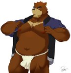 anthro asian_clothing belly bulge clothed clothing detailed_bulge east_asian_clothing erection erection_under_clothing fundoshi genital_outline japanese_clothing kemono male moobs nipples overweight overweight_male penis_outline solo underwear white_clothing white_fundoshi white_underwear shun1124 morenatsu juuichi_mikazuki bear mammal 2016