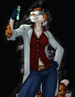 anthro biped black_background chest_tuft clothing coat eyewear female fur gloves glowing goggles hand_on_hip handwear lab_coat laboratory_equipment laboratory_glassware science scientific_instrument scientist simple_background solo standing stripes tail test_tube topwear tuft unbuttoned faint reanimator felid mammal pantherine tiger