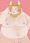 anthro beard belly big_belly blonde_hair blush facial_hair genitals hair horn kemono male moobs navel nipples nude overweight overweight_anthro overweight_male penis simple_background solo white_body haoming undertale undertale_(series) asgore_dreemurr boss_monster_(undertale) bovid caprine goat mammal 2022 hi_res