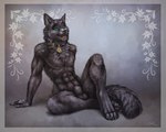 2017 4_toes 5_fingers abs animal_genitalia anthro athletic athletic_anthro athletic_male balls black_body black_fur black_nose border canid canine canis cheek_tuft chest_tuft claws collar collar_tag detailed detailed_fur digital_media_(artwork) digital_painting_(artwork) digitigrade dog_tags duir facial_tuft feet fingers floral_pattern fluffy fluffy_tail fur genitals green_eyes happy looking_at_viewer male mammal mane nude paws pecs reclining sabretoothed_ermine sheath signature simple_background sitting smile solo tail teeth toe_claws toes tongue tuft wolf