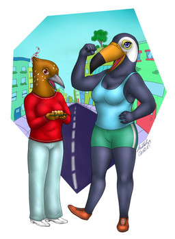 5_fingers anthro beak black_body bottomwear breasts brown_body building clothed clothing day door duo female fingers food footwear grey_beak holding_object multicolored_beak non-mammal_breasts open_beak open_mouth orange_beak outside pants pink_tongue plant platter shirt shoes shorts sidewalk standing tongue topwear tree window leetah43 netflix tuca_and_bertie bertie_songthrush tuca_(tuca_and_bertie) avian bird oscine passerine song_thrush thrush_(bird) toco_toucan toucan true_toucan hi_res
