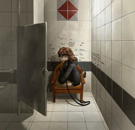 ambiguous_gender anthro bathroom black_clothing black_hoodie black_topwear brown_hair chair clothing collar degradation eye_bags furniture graffiti hair hoodie kneeling leash leashed_collar light lyrics mouthless public_restroom restroom_stall solo text topwear salamanding femtanyl joan_(salamanding) canid canine canis domestic_dog mammal digital_drawing_(artwork) digital_media_(artwork) english_description english_text hi_res lighting female_(lore)