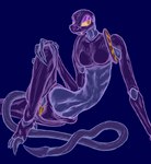 4_fingers 4_toes anthro bedroom_eyes crossed_legs exoskeleton feet female fingers hand_on_knee hand_on_leg leaning long_tail lying midriff narrowed_eyes navel on_side ribs seductive sitting slim small_waist solo tail toes axentooth larry_(axentooth) alien sclantra