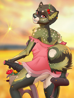 anthro black_body black_fur breasts clothed clothing day detailed_background female fur genitals green_body green_fur outside sky smile solo sun vulva manika_nika canid canine mammal 2021 digital_media_(artwork)