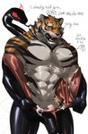 abs anthro black_stripes blue_eyes bodily_fluids cross-popping_vein cum duo erection fur genital_fluids genitals goo_suit male muscular muscular_anthro muscular_male orange_body orange_fur pecs penis red_eyes striped_body striped_fur stripes symbiotic text white_body white_fur cxcxxcxxxx animate_inanimate felid goo_creature living_clothing mammal pantherine tiger absurd_res english_text hi_res