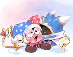 armless blush clothing duo eyes_closed fool's_hat footwear hat headgear headwear heart_eyes heart_symbol kissing kissing_cheek male male/male not_furry open_mouth text kinkykong kirby's_return_to_dream_land kirby_(series) nintendo magolor marx_(kirby) waddling_head hi_res