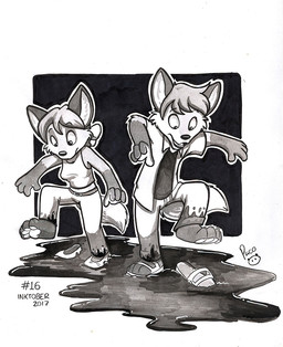 anthro barefoot bottomwear clothed clothing dirty duo fangs feet female female_anthro footwear front_view hair logo male male_anthro mouth_closed mud open_mouth pants shirt shoes short_hair simple_background standing teeth topwear pandapaco canid canine fox mammal 2017 artist_logo dated monochrome signature sketch
