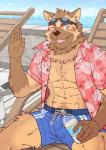 abs anthro clothed clothing fur male muscular muscular_anthro muscular_male nipples one_eye_closed open_clothing open_shirt open_topwear pecs shirt solo summer topwear wink ryuta-h canid canine canis domestic_dog mammal 2018 hi_res