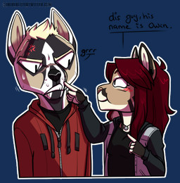 anthro black_body black_clothing black_fur black_jacket black_topwear blonde_hair blush chibi clothed clothing cross-popping_vein dialogue duo female front_view fur grey_clothing grey_jacket grey_topwear hair jacket jewelry male necklace poking red_clothing red_hair red_jacket red_topwear simple_background simple_eyes smile tan_body tan_fur text topwear transparent_background white_body white_fur demireality canid felid mammal alpha_channel artist_name english_text low_res url