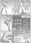 4_ears absurd_res anthro black_and_white bodily_fluids building canid canine clothed clothing comic dialogue english_text eye_patch eyewear female fox fur glasses group hair hi_res holding_object holster hybrid inner_ear_fluff kifyun2 male mammal mia_smith monochrome multi_ear outside scar scientist(undying_void) simple_background speech_bubble standing tail tatsuo_kimura tears text topwear trio tuft