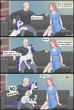 black_border blue_eyes border clothed clothing cutie_mark dialogue female feral furniture group hair horn jealous knife long_hair magic male sofa text weapon arareroll friendship_is_magic hasbro my_little_pony mythology anon rarity_(mlp) equid equine human mammal mythological_creature mythological_equine unicorn 2019 absurd_res comic english_text hi_res