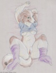 anthro anus bed biped bottomless breasts clothed clothing female footwear furniture genitals green_eyes legwear looking_at_viewer lying on_back presenting pussy seductive smile socks solo spread_legs spreading tail curiodraco canid canine canis domestic_dog mammal