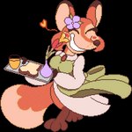 accessory anthro beverage big_breasts big_tail blush bow_(feature) bread breasts brown_body brown_ear_tips brown_fur brown_nose cheek_tuft clothing collar container costume cup dipstick_ears dress ear_markings eyes_closed facial_tuft female flower flower_in_hair flowing_clothing fluffy fluffy_tail food fur glass glass_container glass_cup glistening glistening_nose green_clothing grin hair hair_accessory happy head_turned heart_symbol juice_(beverage) kissing kissing_cheek leaf lips multicolored_ears orange_body orange_fur orange_juice pixelated plant pointy_ears prick_ears simple_background smile solo sparkles sparkling_tail tail transparent_background tray tuft tulip_(flower) vase whisker_spots white_clothing schreckengast kitsuki_(tohupo) canid canine fox mammal 1:1 2023 alpha_channel digital_media_(artwork) hi_res pixel_(artwork)