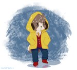 boots bottomwear clothed clothing coat denim denim_bottomwear denim_clothing footwear jacket jeans male necktie pants puddle raincoat raining shirt shoes simple_background solo topwear undershirt water yellow_raincoat moordred animal_crossing nintendo digby_(animal_crossing) canid canine canis domestic_dog mammal absurd_res hi_res