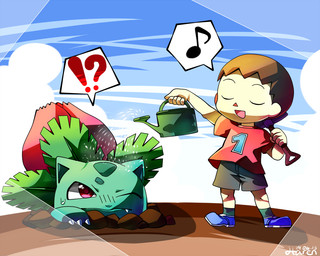 ambiguous_gender brown_hair clothing cloud day dirt duo exclamation_point eyes_closed footwear hair interrobang male musical_note musical_symbol open_mouth open_smile plant question_mark shovel smile speech_bubble symbol tools water creamsouffle animal_crossing nintendo pokemon villager_(animal_crossing) generation_1_pokemon human ivysaur mammal pokemon_(species) 2013 5:4 crossover pictographics signature