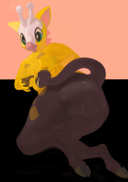 abstract_background anthro areola biped butt butt_focus female genitals green_eyes horn living_tail nipples pokemorph rear_view solo tail tail_head tail_mouth unusual_anatomy unusual_tail vulva mighty-whydah nintendo pokemon generation_2_pokemon girafarig giraffid mammal pokemon_(species) 2020 digital_media_(artwork) digital_painting_(artwork) hi_res painting_(artwork)
