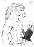 abs anthro athletic biceps black_and_white bottomwear chris_sawyer clothed clothing denim denim_bottomwear denim_clothing duo equid equine female horse jeans larger_male male male/female mammal monochrome muscular nipples pants pecs simple_background size_difference sketch smaller_female standing topless vein white_background