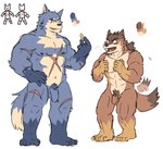 abs anthro blue_body blue_fur duo eye_scar facial_scar fur gloves_(marking) leg_markings male markings nipples nude pecs pubes scar socks_(marking) standing a3f5errt8 anothereidos_of_dragon_vein_r orta_(anothereidos_r) pollon_(anothereidos_r) canid canine canis jackal mammal wolf hi_res