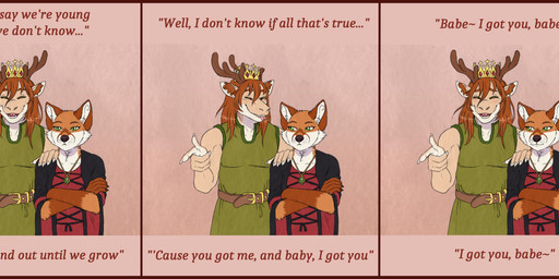 3_panel_comic anthro antlers athletic athletic_male belt belt_buckle biceps biped blep buckle castle claws clothing confident confident_male crossed_arms crown daww day dialogue duo emerald_(gem) eye_contact eyes_closed fangs female fingers forked_tongue fur fur_tuft gem gesture giggle giggling goofy_smile gown green_eyes hair hand_gesture hand_on_shoulder happy headgear horn humor inside jerkin_(clothing) jewelry left-handed long_hair looking_at_another lyrics magic_user male mane medieval medieval_architecture medieval_clothing muscular muscular_male music pecs pendant pointing pointing_at_another pose prince relaxing royalty secretly_loves_it serious serious_face silly size_difference smile song standing tail tail_tuft teeth text tongue tongue_out triceps tsundere tuft witch kantachibli mythology tales_from_valmeridia prince_borgon silva_vernalis canid canine dragon fox mammal mythological_creature mythological_scalie scalie absurd_res comic english_text hi_res huge_filesize story story_in_description url