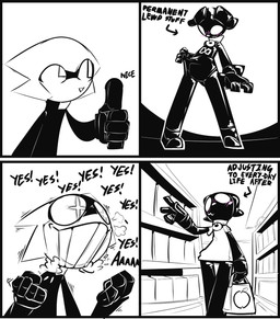 after_transformation ambiguous_gender anthro bell bell_collar clothing collar comparison duo empty_eyes excited gesture hand_gesture latex latex_body permanent permanent_transformation slice_of_life thumbs_up plastic-doodles latex_creature comic hi_res meme monochrome
