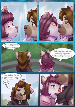 anthro bite blush collar dialogue duo eye_contact female female/female fountain french_kissing kiss_on_lips kissing looking_at_another nipple_bite nipple_fetish nipple_play nipples outside park public text young liryal ruaha_(lyrial) theoni_(hollyannhoythund) canid canine canis cougar felid feline hybrid hyena mammal wolf absurd_res comic english_text hi_res