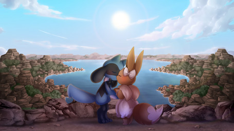 accessory anthro blush bow_(feature) bow_accessory bow_ribbon bow_tie bracelet clothing cloud day detailed_background dress duo eyes_closed female feral hair_accessory hair_bow hair_ribbon hand_holding holding_paws jewelry kissing lake landscape male male/female outside plant ribbons rock sun legendkairi nintendo pokemon pokemon_mystery_dungeon spike_chunsoft eevee generation_1_pokemon generation_4_pokemon pokemon_(species) riolu 16:9 4k absurd_res hi_res widescreen