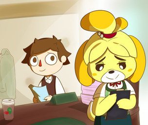 3_fingers anthro arms_bent bangs bell_hair_tie black_eyebrows black_nose black_sclera blonde_hair bow_tie brown_clothing brown_hair brown_topwear brown_vest clipboard closed_smile clothed clothed_anthro clothed_female clothed_human clothed_male clothing coat coffee_cup container cup desk dipstick_tail duo eyebrows female female_anthro fingers fully_clothed fully_clothed_anthro fully_clothed_female furniture green_clothing green_coat green_topwear green_vest hair happy holding_clipboard holding_object inside light looking_at_another male male_human markings mouth_closed multicolored_hair name_plate no_pupils orange_ears orange_hair paper ponytail red_bow_tie red_hair_tie red_nose short_hair smile smiling_at_another sunlight table tail tail_markings tan_body tan_skin tan_wall thin_eyebrows topwear two_tone_hair two_tone_tail vest wall_(structure) white_dress_shirt white_eyes white_tail_tip yellow_tail cookieboy011 animal_crossing nintendo isabelle_(animal_crossing) villager_(animal_crossing) canid canine canis domestic_dog human mammal shih_tzu toy_dog 2021 colored digital_drawing_(artwork) digital_media_(artwork) english_description lighting shaded story story_in_description