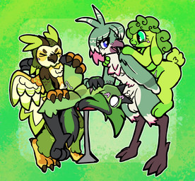 3_toes ambiguous_gender ambiguous_penetration anal anal_penetration anthro balls beak beak_fetish beak_play beak_sex beakjob blue_eyes blush blush_lines carrying_another carrying_partner claws curling_toes deep_throat ear_tuft eye_contact eyelashes eyes_closed facial_markings feathers feet fellatio feminine fluffy fluffy_tail foursome fucked_silly fur furniture genitals green_background green_body green_eyes green_feathers green_fur group group_sex gynomorph hand_on_chest hand_on_leg hand_on_thigh head_markings holding_leg_up internal intersex intersex/male leg_over_shoulder long_ears looking_at_another looking_at_partner looking_pleasured lying lying_on_object male male/male markings mastectomy_scar motion_lines multicolored_body multicolored_feathers neck_tuft on_back one_eye_closed one_eye_half-closed open_beak open_mouth oral oral_penetration penetration penile penile_penetration penis penis_in_ass piggyback scar sex short_tail simple_background size_difference smile smiling_at_another smiling_at_partner spitroast standing standing_sex stool tail tail_feathers talons teeth toes tuft vein veiny_penis white_balls wings wool_hair x-ray_view otterjunk cleo_(cleothebirb) regen_the_owl avian bird lagomorph leporid mammal owl rabbit 2026 absurd_res digital_drawing_(artwork) digital_media_(artwork) hi_res trans_(lore) trans_man_(lore) trans_woman_(lore)