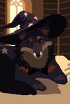 bed clothing facing_forward feral fur furniture hat headgear headwear inside looking_at_viewer lying male on_front paws purple_body purple_fur solo tail wizard_hat 8bit_familiar canid canine familiar fox mammal digital_media_(artwork) pixel_(artwork) portrait